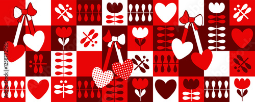 Wide horizontal banner with martisor traditional ornament. Festive checkered print for cup, mug, postcard, sticker. Vector illustration.