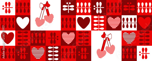 Festive horizontal banner with for Martisor holiday celebration. Spring checkered print for cup, mug, postcard, sticker. Vector illustration.