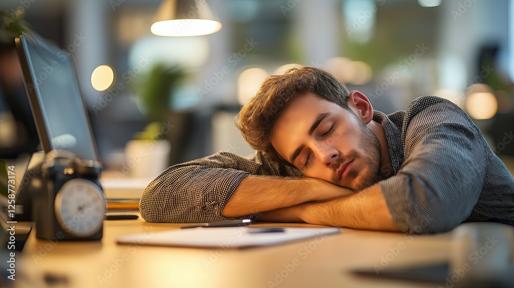 Exhausted young man sleeping at his desk in office Exhausted young man sleeping at his desk in office