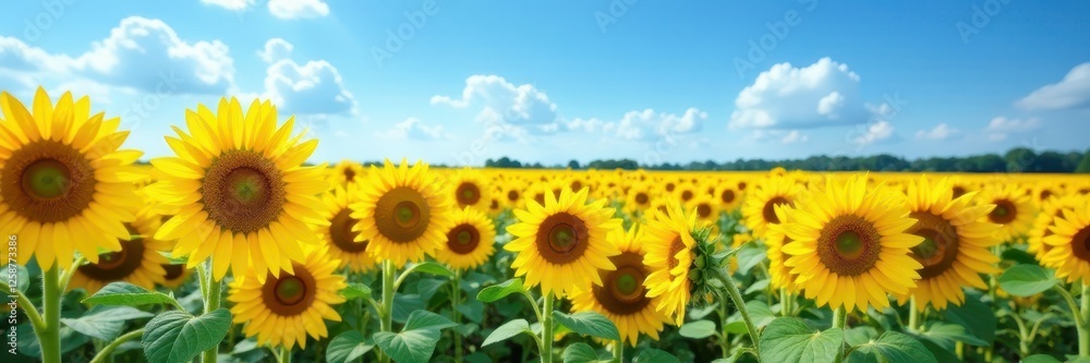 Vibrant yellow sunflowers dominate a vast blue sky field , color, green, golden