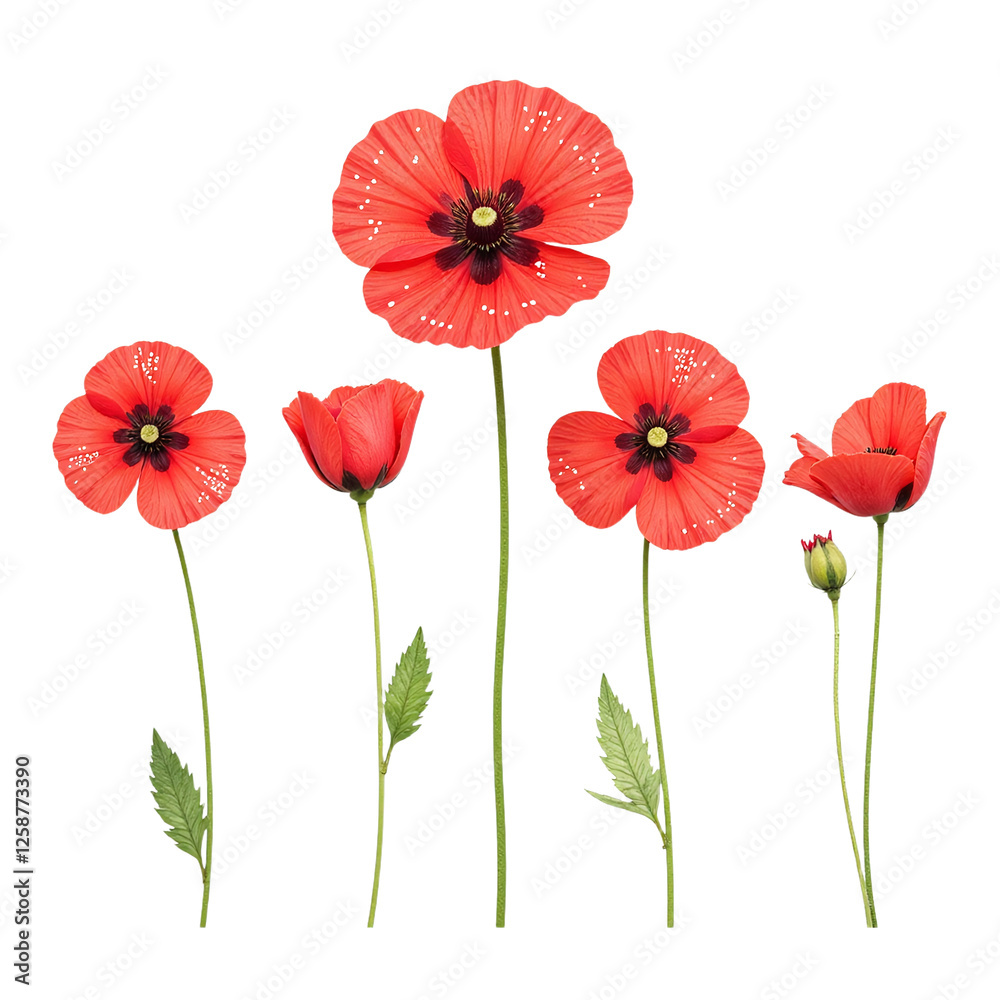 Obraz premium Image of six red poppies, various stages of bloom, cut out on a black background.