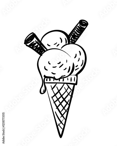 Ice cream in waffle cone hand drawn illustration isolated, Delicious refreshing sweet dessert three scoops of ice cream with chocolate cookie sticks vector sketch monochrome black on white background