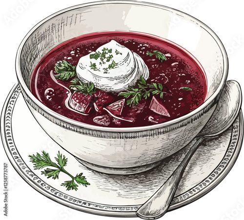 Ukrainian Borscht Vegetable Soup Vector Illustration, Sketch Drawing Line Linear Engraving, Isolated