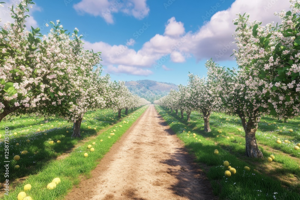 Orchard view reveals rows of fruit trees in full bloom during spring. The landscape features bright flowers and a clear blue sky, creating a peaceful atmosphere Orchard view reveals rows of fruit trees in full bloom during spring. The landscape features bright flowers and a clear blue sky, creating a peaceful atmosphere