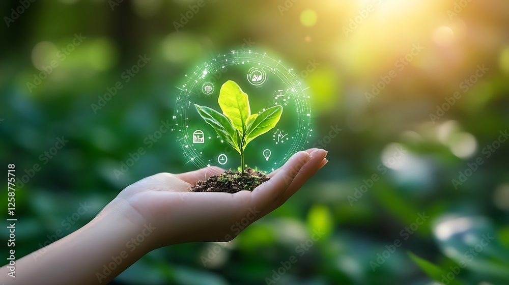 custom made wallpaper toronto digitalSustainable Growth with Eco-Friendly Technology, A hand holding a small plant with a green circle icons