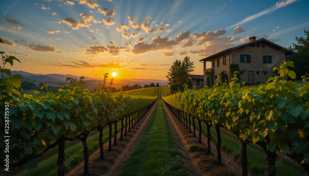 Fototapeta premium Sunset Over Tuscan Vineyards – A breathtaking view of grapevines and a rustic Italian farmhouse bathed in golden light.