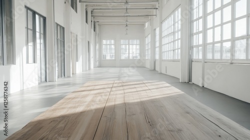 Sunlit industrial loft space, wooden table, event backdrop