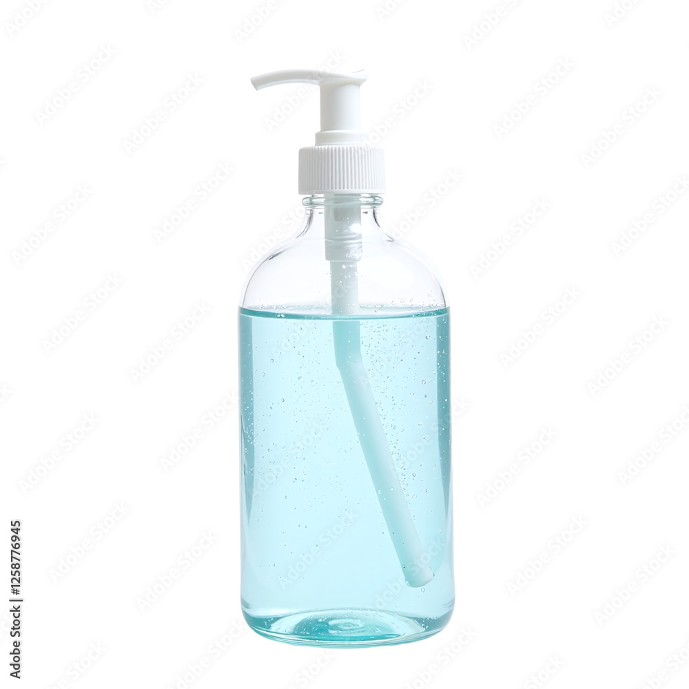 A clear pump bottle of light blue hand sanitizer against a cut out background. A clear pump bottle of light blue hand sanitizer against a cut out background.