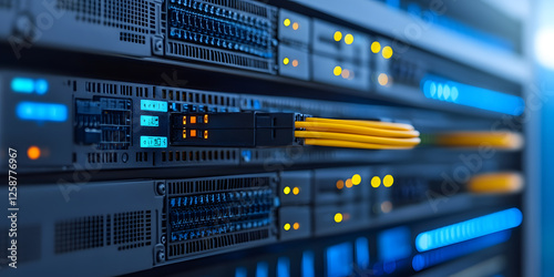 Naklejka Data Center Hardware: Close-up of server racks with cables. Information Technology, IT Infrastructure, cloud computing.