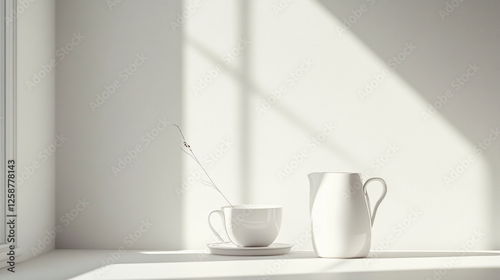 A minimalist arrangement featuring a white cup and saucer with a delicate stem in the cup, alongside a matching pitcher, all bathed in soft natural light. A minimalist arrangement featuring a white cup and saucer with a delicate stem in the cup, alongside a matching pitcher, all bathed in soft natural light.
