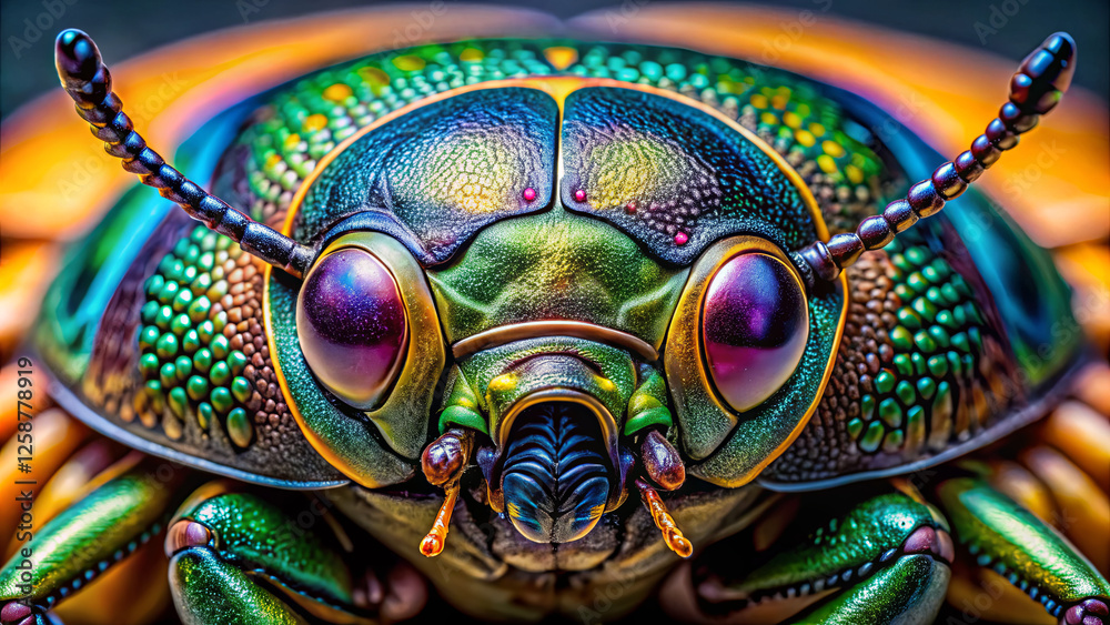 Fototapeta premium Vibrant insect captures attention with its iridescent body and detailed features. The close-up reveals vivid colors and textures in a striking display of nature's artistry