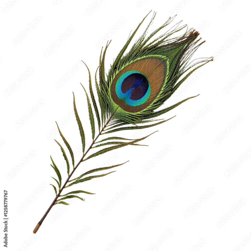Obraz premium Closeup of a single iridescent peacock feather against a cutout background.