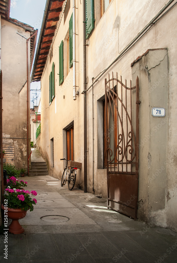 Obraz premium An old typical alley of a town in Tuscany in the region of Firenzuola, in Florence, Italy. Typical rural lifestyle scene with a flower pot and a classic bicycle with basket