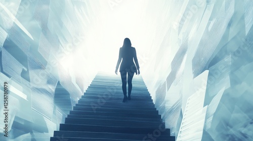 Businesswoman Walking Up a Staircase Made of Checklist.
