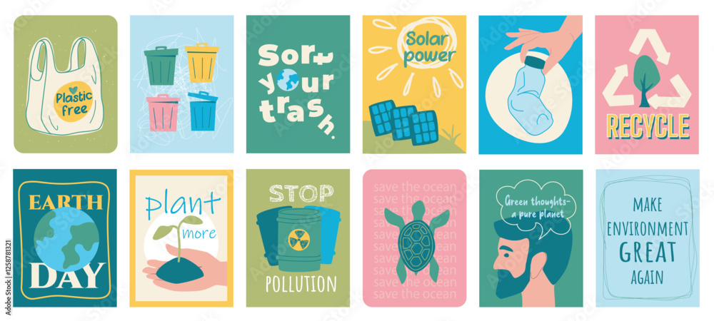 Ecology cover typography template for posters, prints. Minimalistic banners set with plastic free, trash bin, separate, sorting, solar power, recycling, Earth day, plant, other. Vector illustration. Ecology cover typography template for posters, prints. Minimalistic banners set with plastic free, trash bin, separate, sorting, solar power, recycling, Earth day, plant, other. Vector illustration.