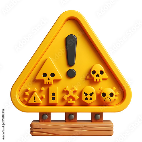 Cartoon yellow warning sign board, 3d rendering. isolated on white background