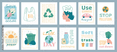 Ecology cover typography template for posters, prints. Minimalistic banners set with save ocean, recycling, think green, alternative transport, stop pollution, solar power, other. Vector illustration.