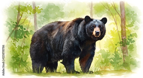 Watercolor Painting of a Black Bear in Forest Setting Illustration