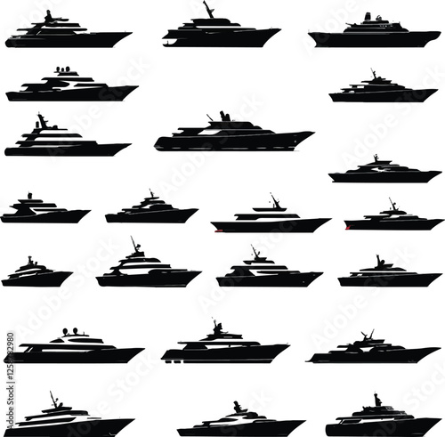 Set of ships isolated on white background Black and white vector illustration