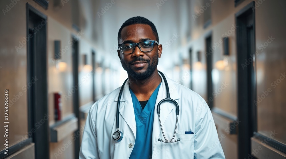portrait of a male doctor in a hospital corridor portrait of a male doctor in a hospital corridor