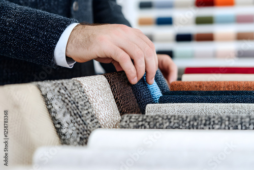 Hand selecting fabric samples, exploring colors & textures. A sartorial pursuit of quality and style.