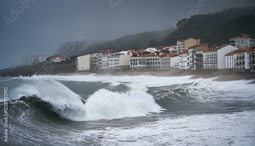 imagen de una ola gigante rompiendo la orilla de la playa y el inicio de la ciudad de casas bajas marineras, imagen de temporal maritimo, con dia lluvioso y oscuro