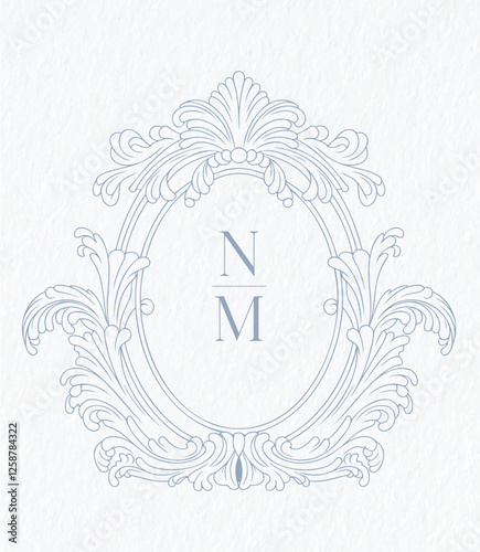 Vintage elegant wedding crest design. Arabesque with scrolls in Baroque style monogram. NM initial wedding monogram crest.