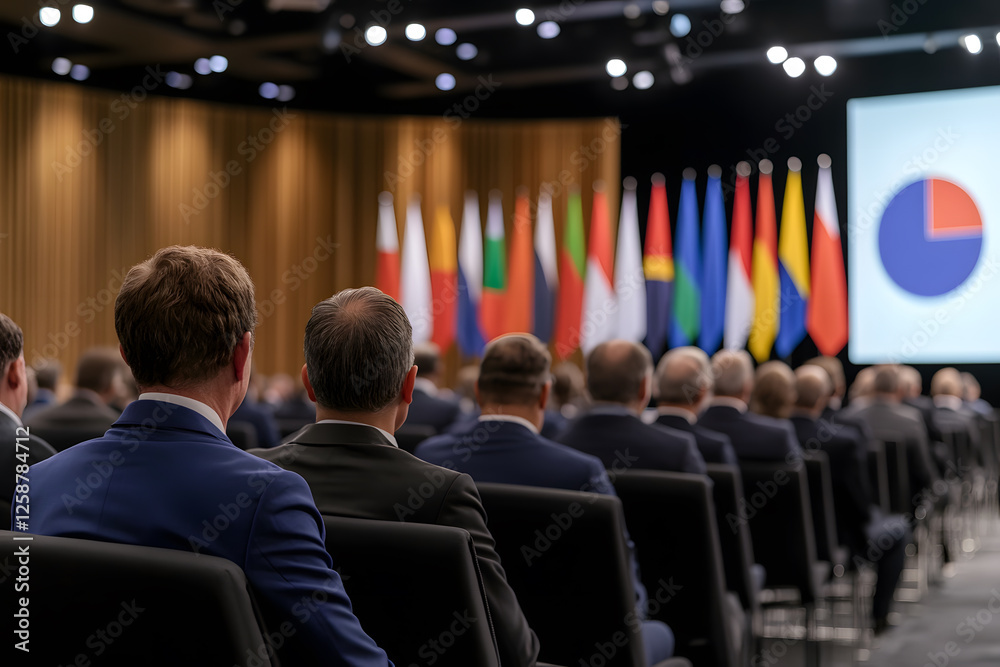 Audience at International Conference: Delegates attend a conference with flags of different countries displayed. Data chart shown on screen. Audience at International Conference: Delegates attend a conference with flags of different countries displayed. Data chart shown on screen.