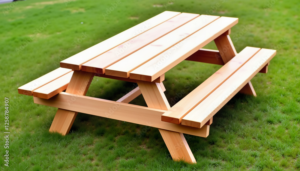 Modern wooden picnic table on green grass in a sunny outdoor setting with copy space