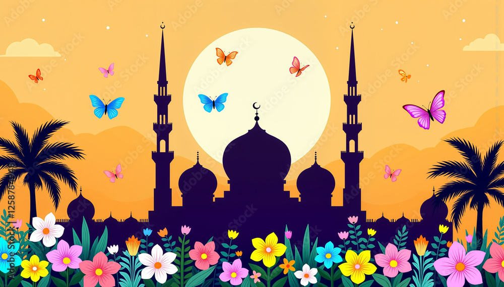 Colorful silhouette of a mosque with flowers and butterflies against a vibrant sunset background