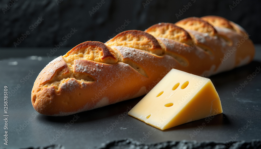 Freshly baked bread loaf with cheese slice on dark stone background with copy space