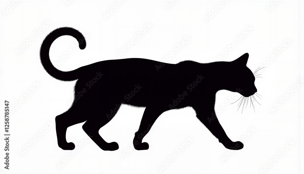 Walking cat silhouette on a white background with copy space