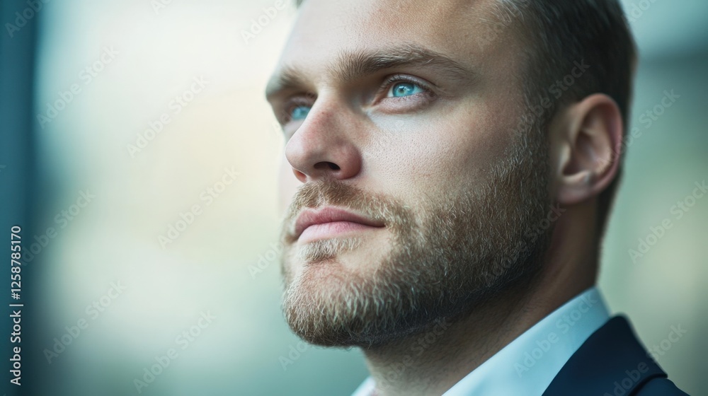 Obraz premium man with blue eyes looks optimistically at the future