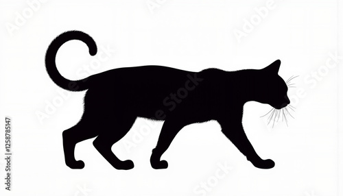 Walking cat silhouette on a white background with copy space
