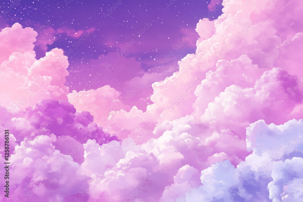 Fototapeta premium purple and pink sky with clouds and stars. The sky is filled with clouds and stars, creating a dreamy and peaceful atmosphere