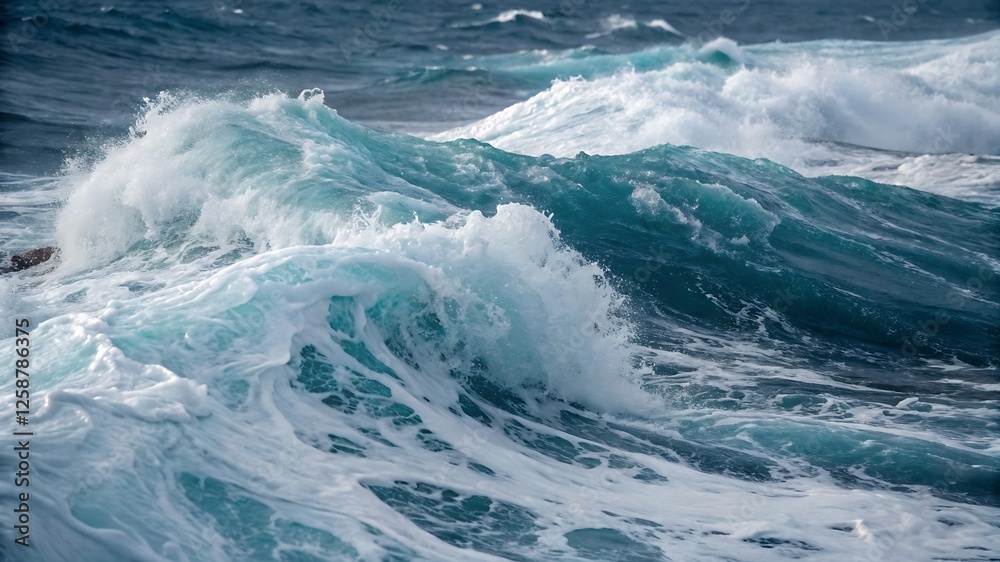 Captivating ocean water scene with turbulent waves, churning foam, and dynamic water textures in vibrant blue shades, evoking sea power and natural beauty Captivating ocean water scene with turbulent waves, churning foam, and dynamic water textures in vibrant blue shades, evoking sea power and natural beauty