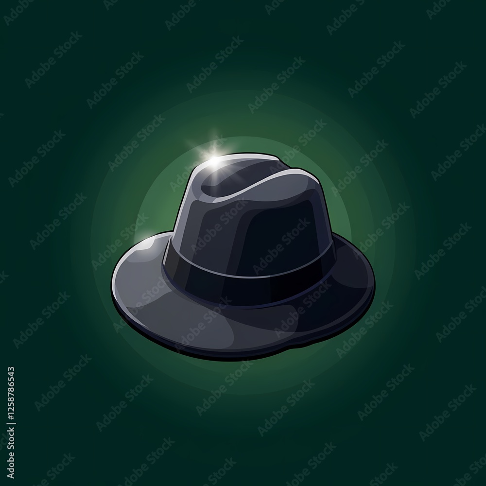 An glowing image of a black hat with a glossy coating. The background is a forest green color, adding depth and contrast. An glowing image of a black hat with a glossy coating. The background is a forest green color, adding depth and contrast.