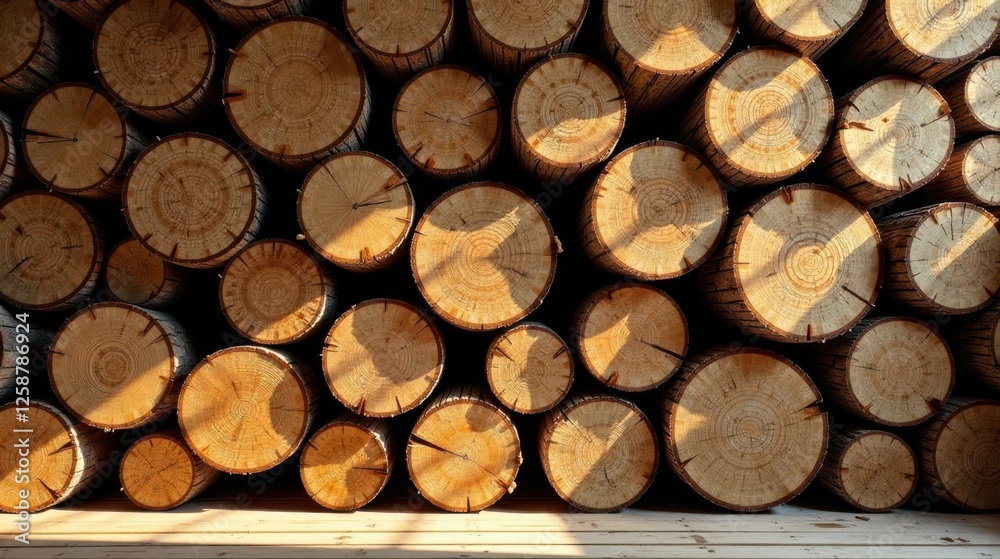 A wall of stacked wood logs, illuminated by sunlight, showcasing the intricate grain patterns and natural textures of the timber A wall of stacked wood logs, illuminated by sunlight, showcasing the intricate grain patterns and natural textures of the timber