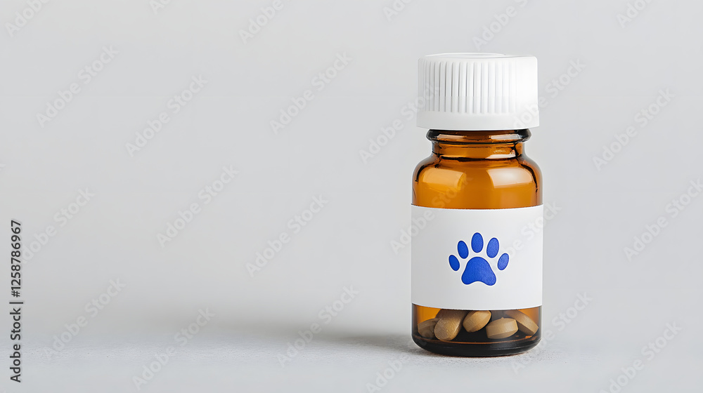 Pet medication bottle with blue paw print on label. Veterinary medicine concept for animal care, isolated on plain background. Pet health and well-being. Pet medication bottle with blue paw print on label. Veterinary medicine concept for animal care, isolated on plain background. Pet health and well-being.