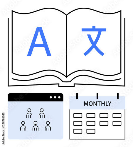 Open book with multilingual text, interface with participants, and a monthly planner. Ideal for education, language study, planning, online courses, time management, tutorials abstract line flat
