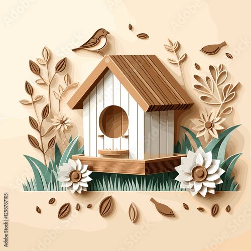 Charming birdhouse surrounded by flowers and leaves in playful paper-cut style

