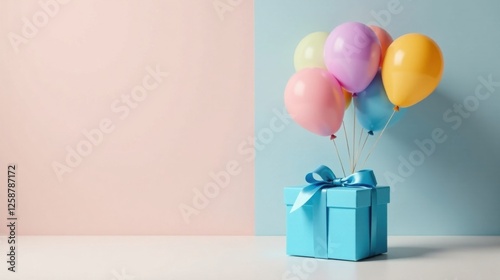A delightful pastel-colored present, adorned with a light blue ribbon, is playfully lifted by a cluster of buoyant balloons in assorted shades of pink, yellow, and lavender.