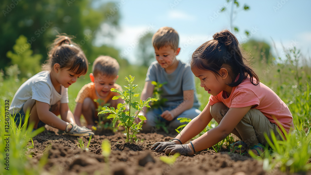 Children planting trees in community gardens. Kids work together for a greener future. Environmental responsibility in youth. Diverse children nurturing nature.
