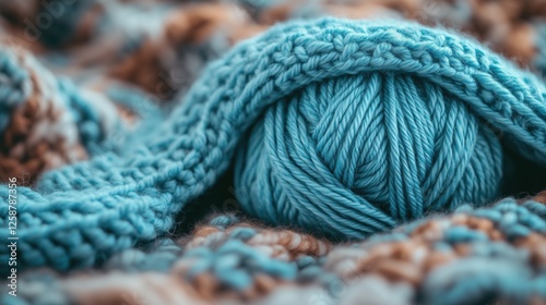 Soft teal yarn ball rests on a knitted blanket with intricate patterns in nat...