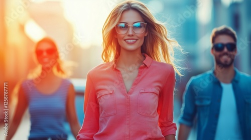 Young adults walking confidently down a vibrant city street during golden hour