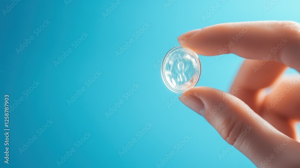 contact lens held between fingers on blue background contact lens held between fingers on blue background