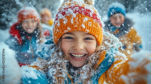Happy children enjoying a snowy day in the forest during wintertime and playi...