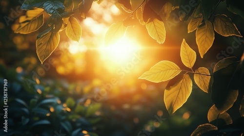 Beautiful sunlight filtering through green leaves during sunset in a tranquil...