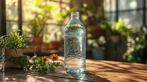 Still life featuring a water bottle and flowers on a wooden table surrounded ...