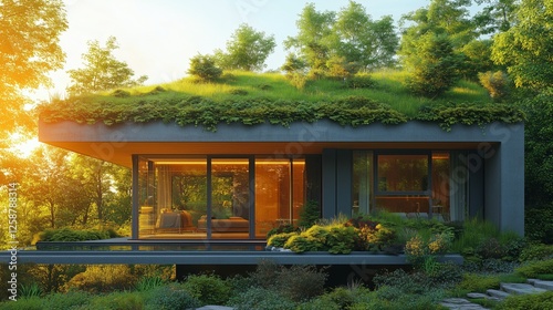 Modern house with green roof surrounded by lush trees during sunset